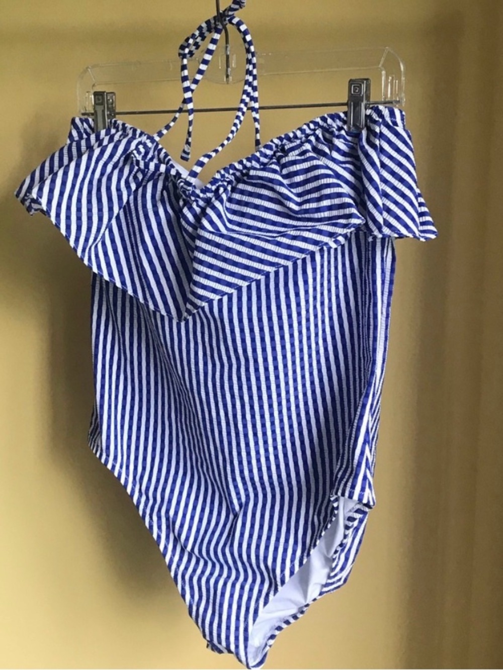 J.Crew Blue White Striped Ruffle Off Shoulder One Piece Swimsuit Size 14